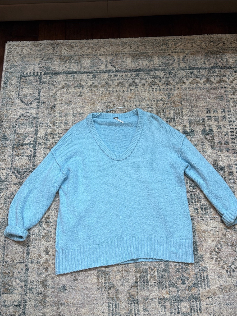 Free People Sky Blue V-Neck Lightweight Knit Sweater